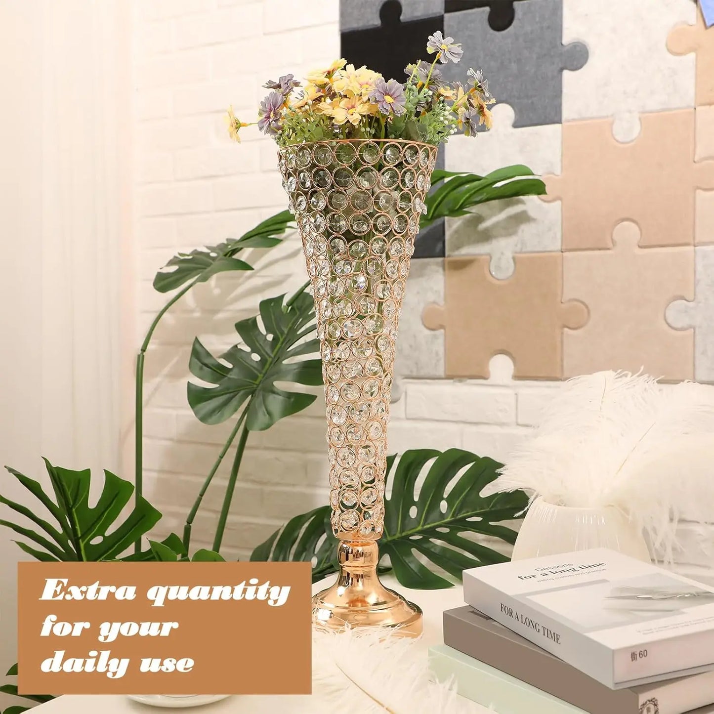 4 pieces of crystal trumpet vases, 20-inch-high forged iron crysta flower rack, decorated for gatherings and parties