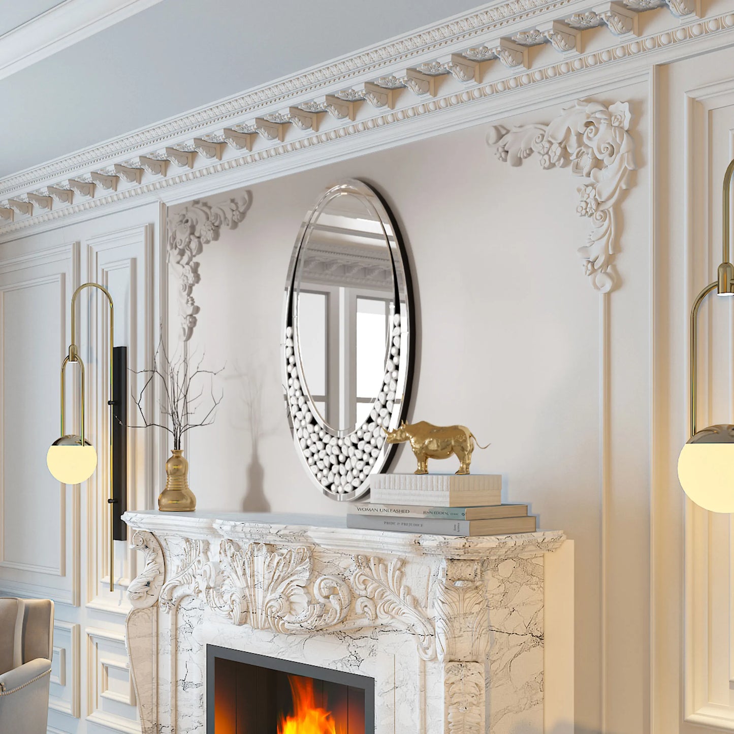 Modern Decor Mirror Wall Elliptical Vanity Mirror w Diamonds Crystal Frame for Home any Room