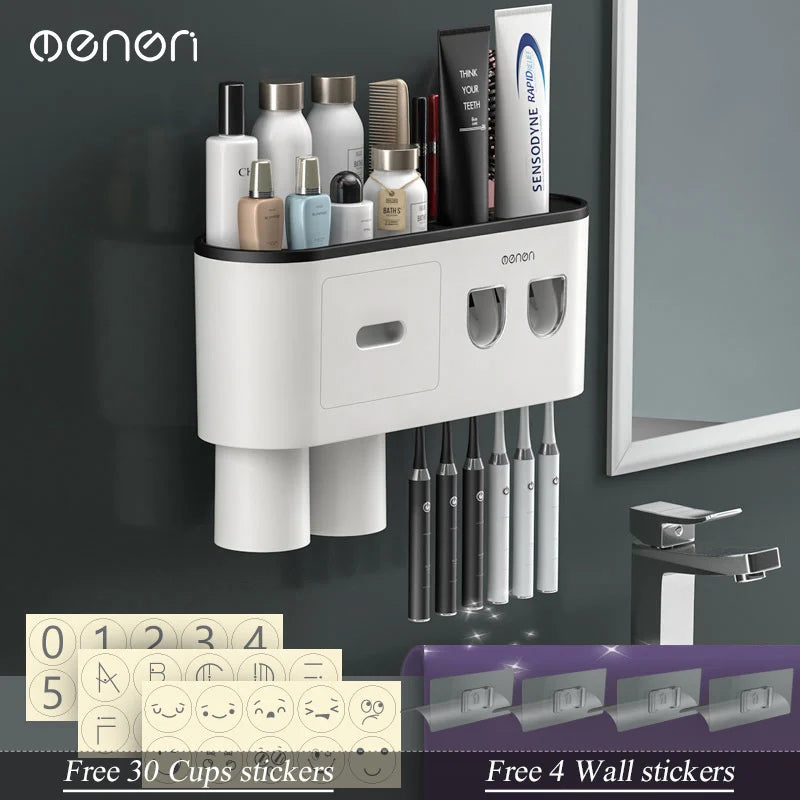 Magnetic Inverted Toothbrush Holder Wall -Automatic Toothpaste Squeezer Storage Rack