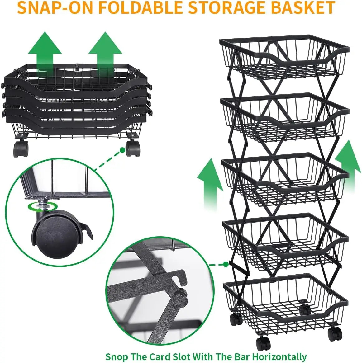 Vegetable Storage Basket 5 Tiers Stackable Metal Wire Fruit Basket Kitchen Cart with Wheels