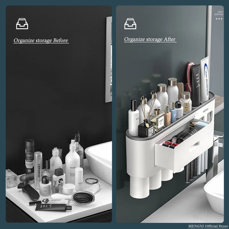 Magnetic Inverted Toothbrush Holder Wall -Automatic Toothpaste Squeezer Storage Rack