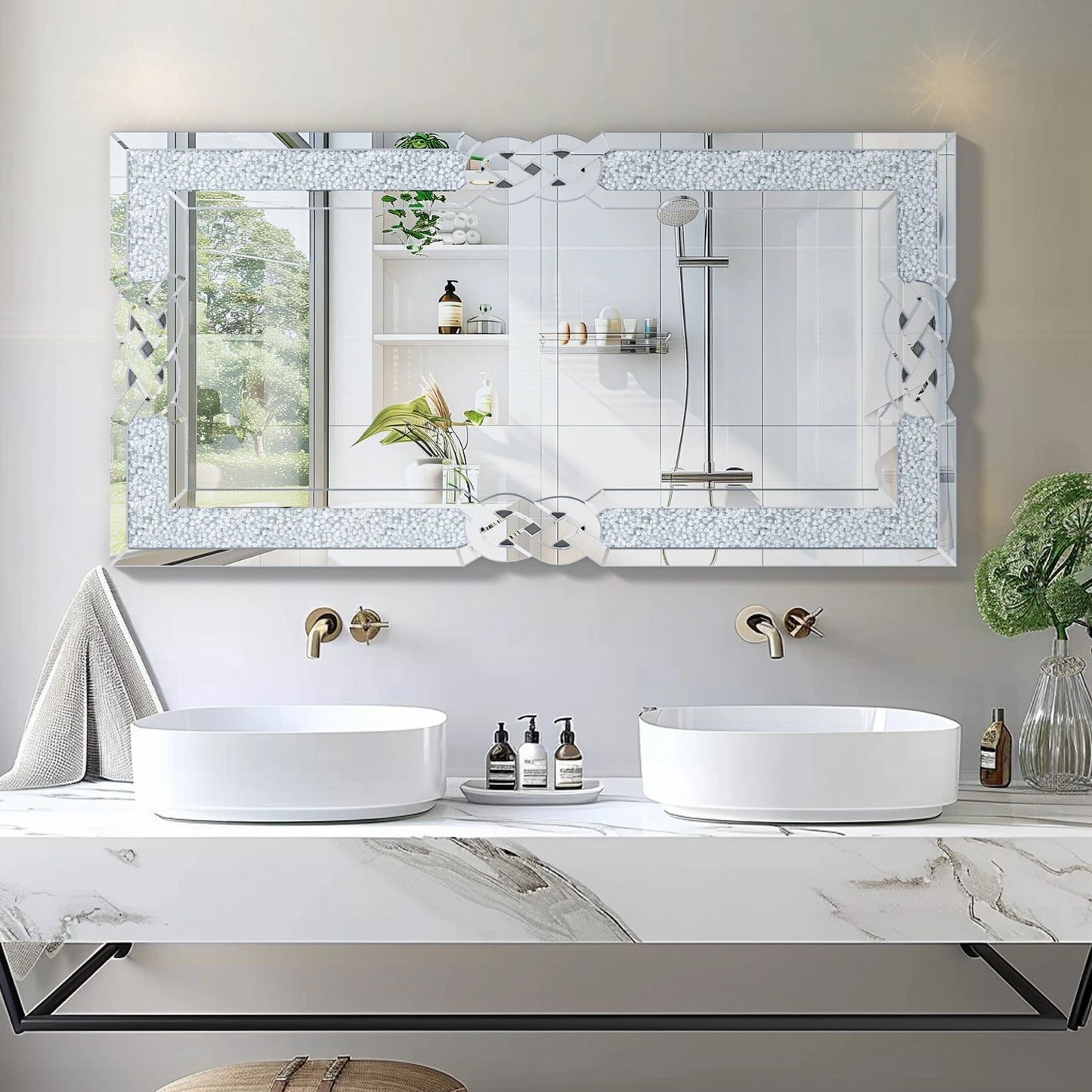 Crushed Diamond Wall Mirror Rectangular Glass Silver Vanity Glam Crystal Frame Edge