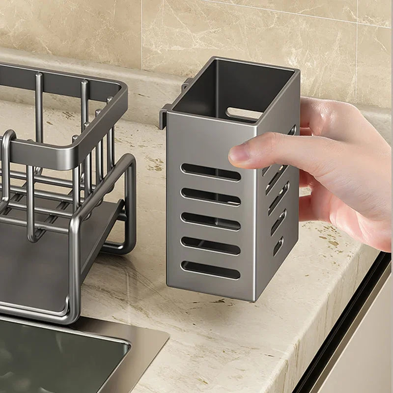 Stainless Steel Kitchen Sink Storage Rack Space Saving Built-in Sponge Rack and Drainage Basket for Kitchen
