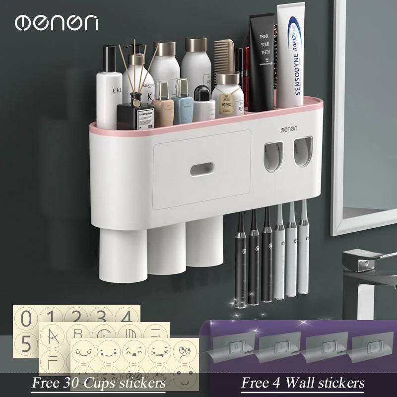 Magnetic Inverted Toothbrush Holder Wall -Automatic Toothpaste Squeezer Storage Rack