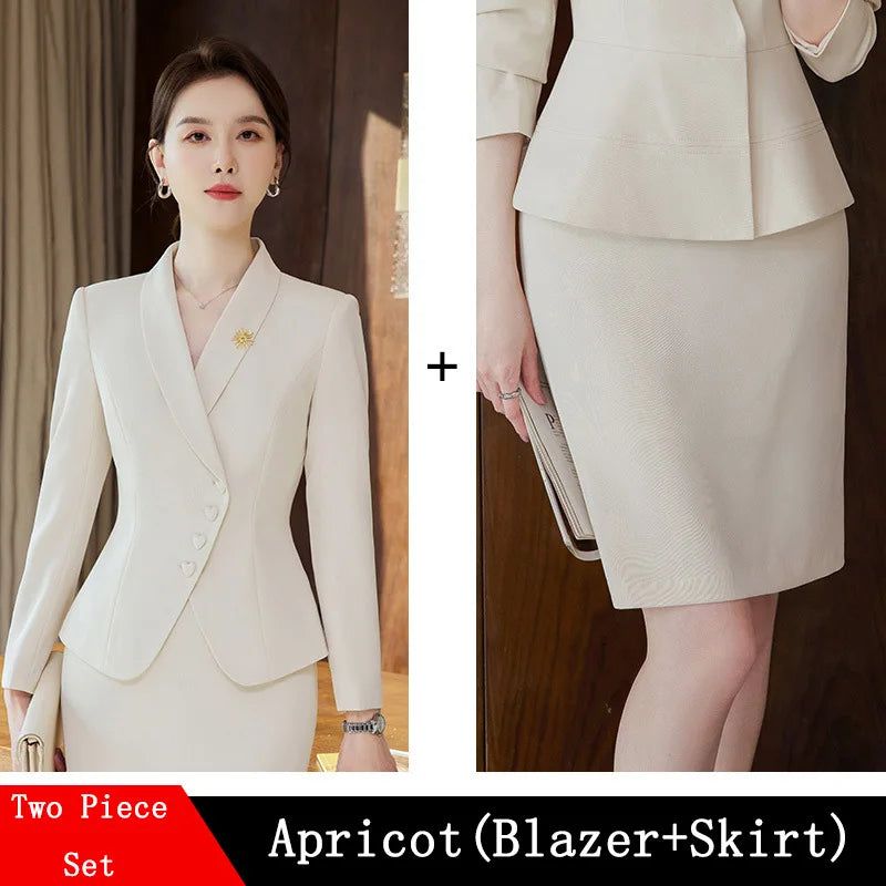 Business Women's Suit Pants Two-piece Set New Spring Autumn Long Sleeve Heart Button Jacket Slim Trousers Skirts