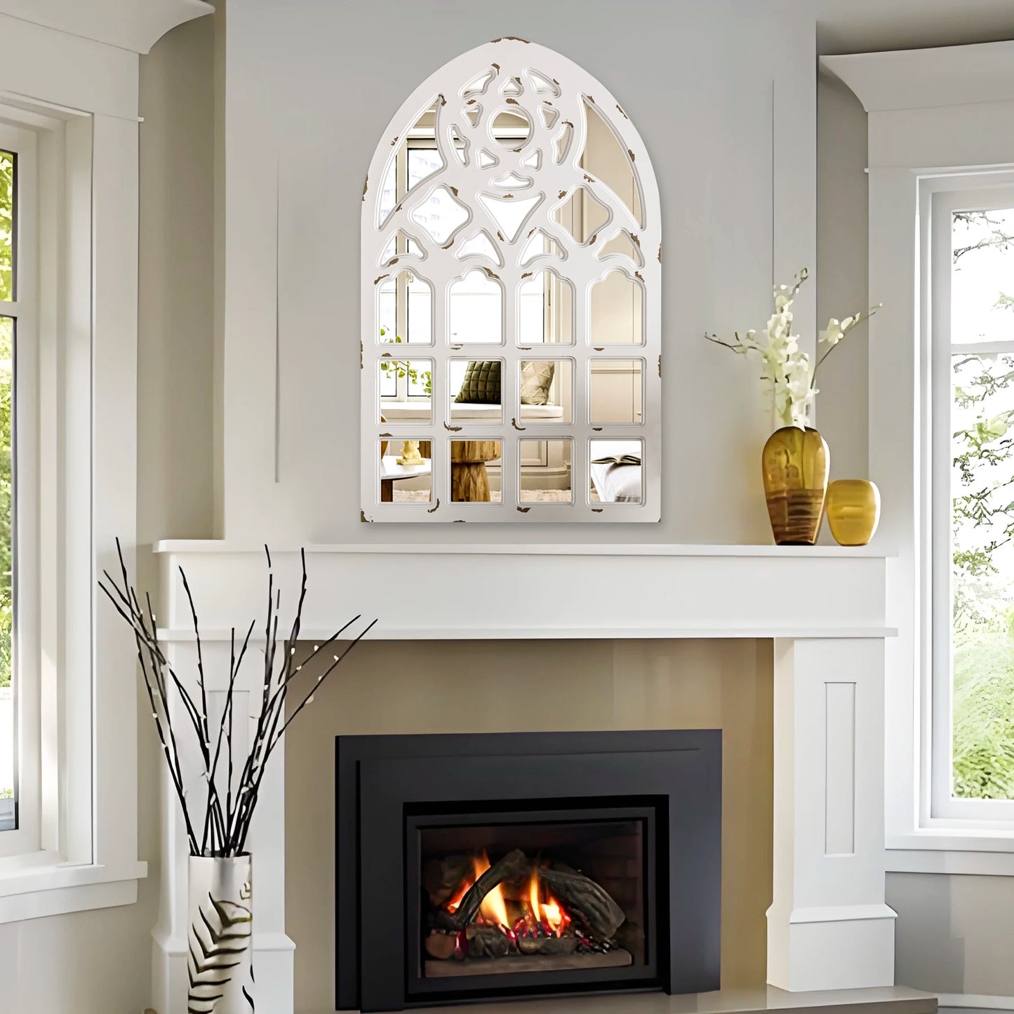 Arched Window Mirror, Wall Mirrors Decorative with Wood Framed, Retro Farmhouse Mirrors for all Rooms