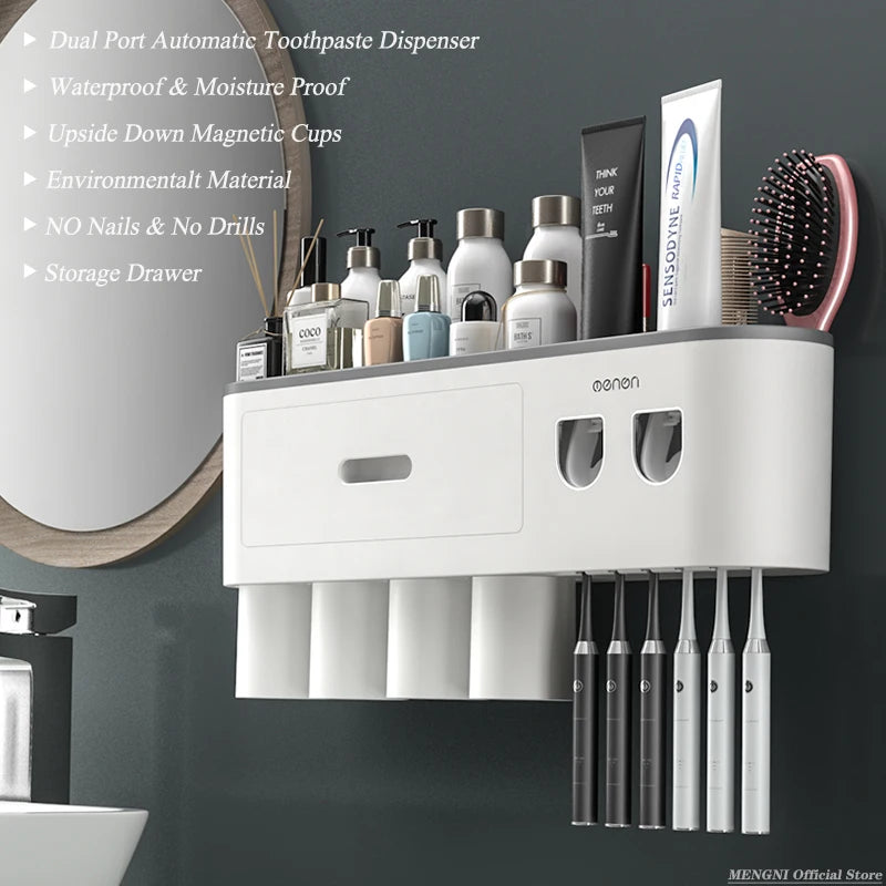 Magnetic Inverted Toothbrush Holder Wall -Automatic Toothpaste Squeezer Storage Rack