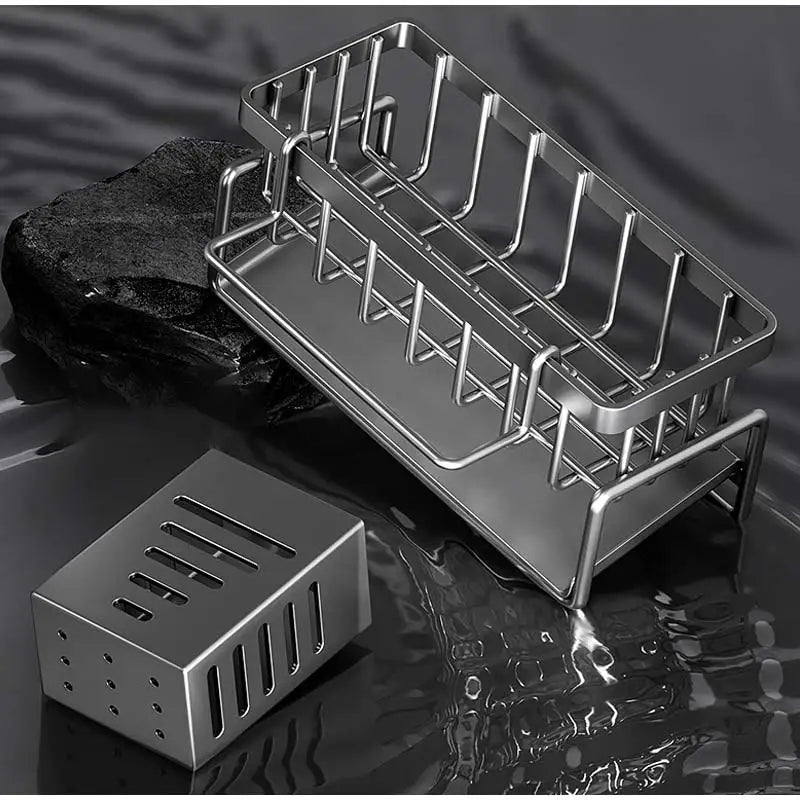 Stainless Steel Kitchen Sink Storage Rack Space Saving Built-in Sponge Rack and Drainage Basket for Kitchen