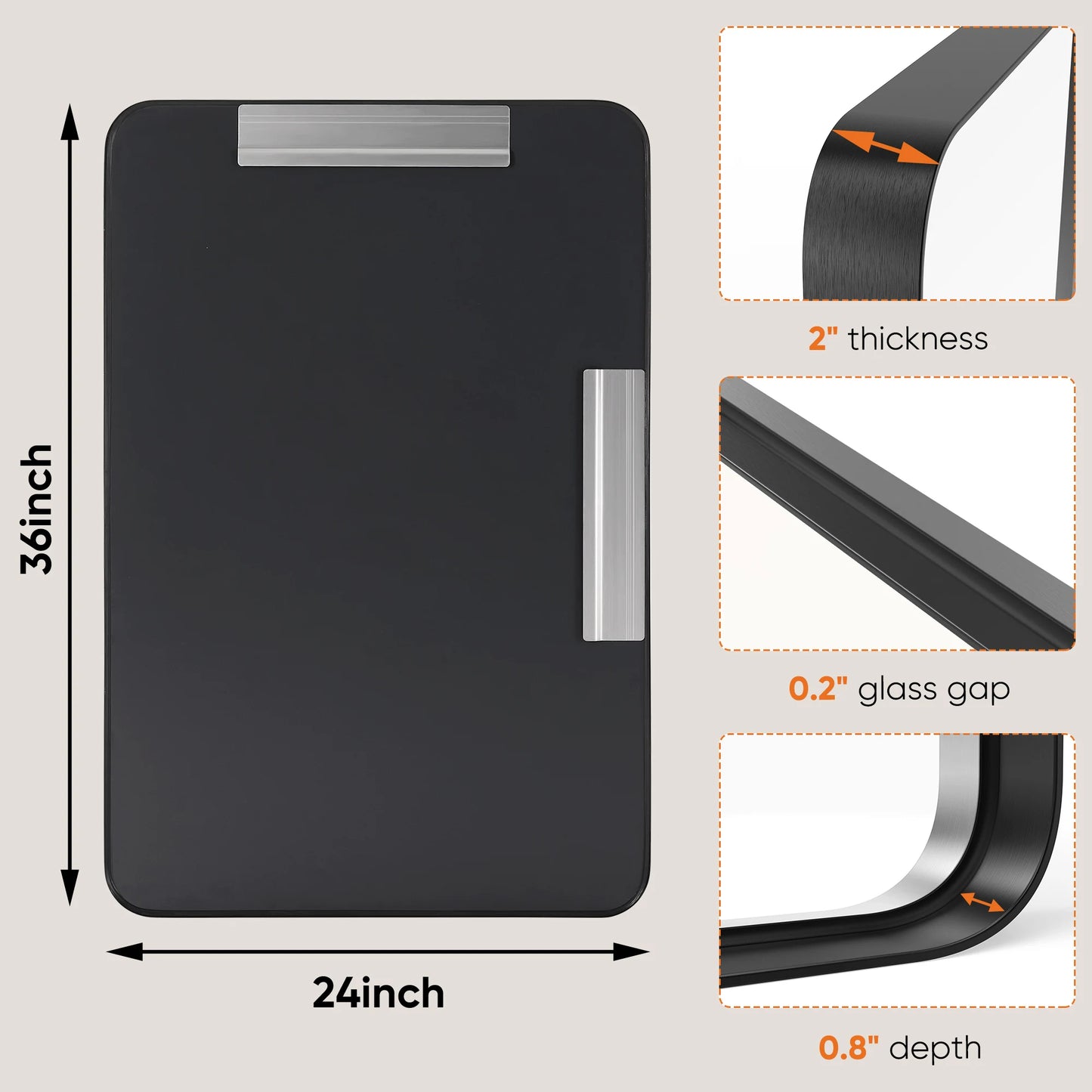Matte Metal Framed Mirror for Wall  Rectangle Rounded Corner Tempered Glass