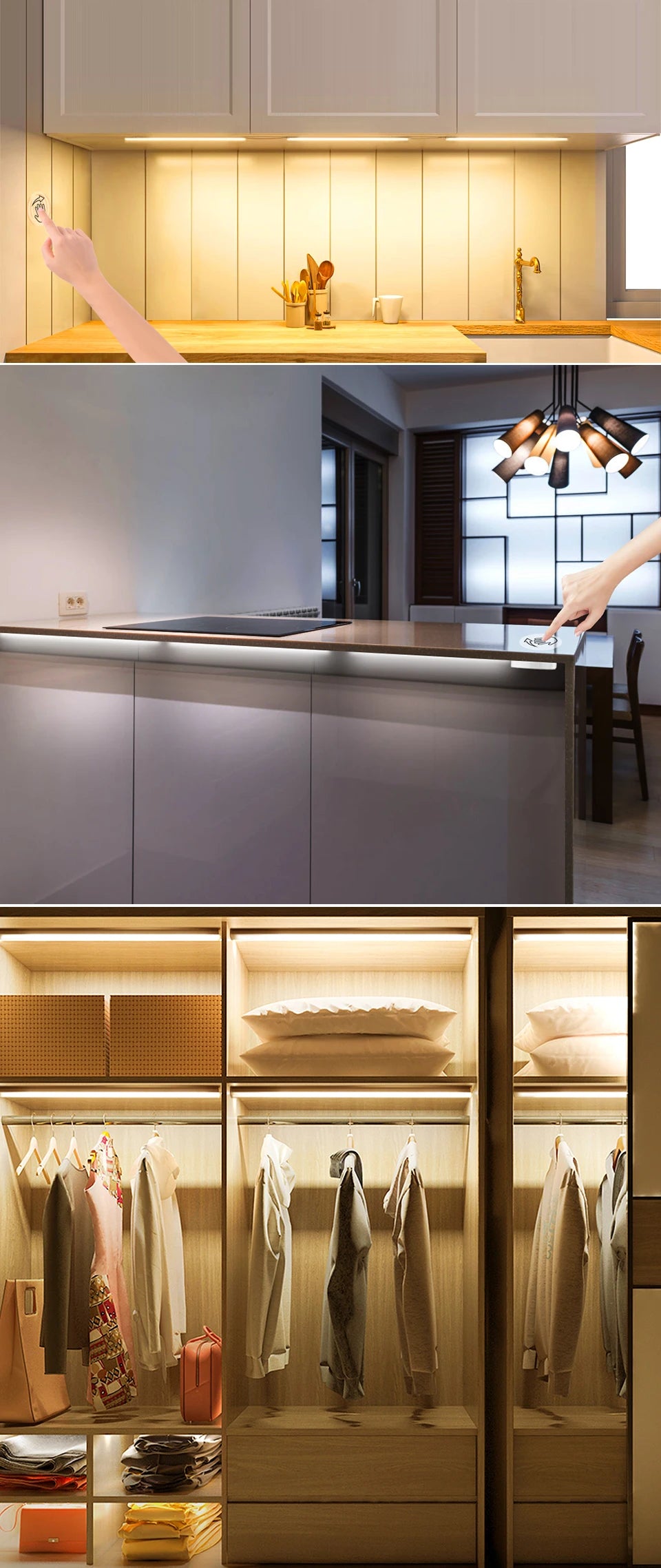 Motion Touch Sensor LED Lights Wireless Light Penetrable Wood Aluminum Bar Light Cabinet Wardrobe Lamp Backlight