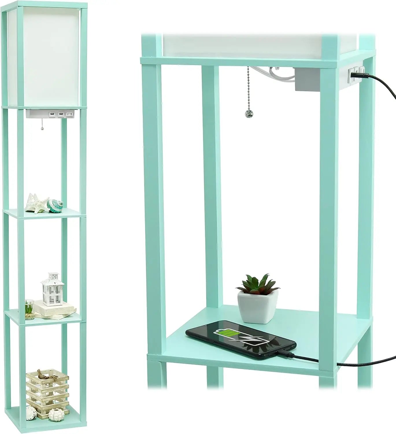 Floor Lamp  Organizer Storage Shelf with 2 USB Charging Ports, 1 Charging Outlet and Linen Shade