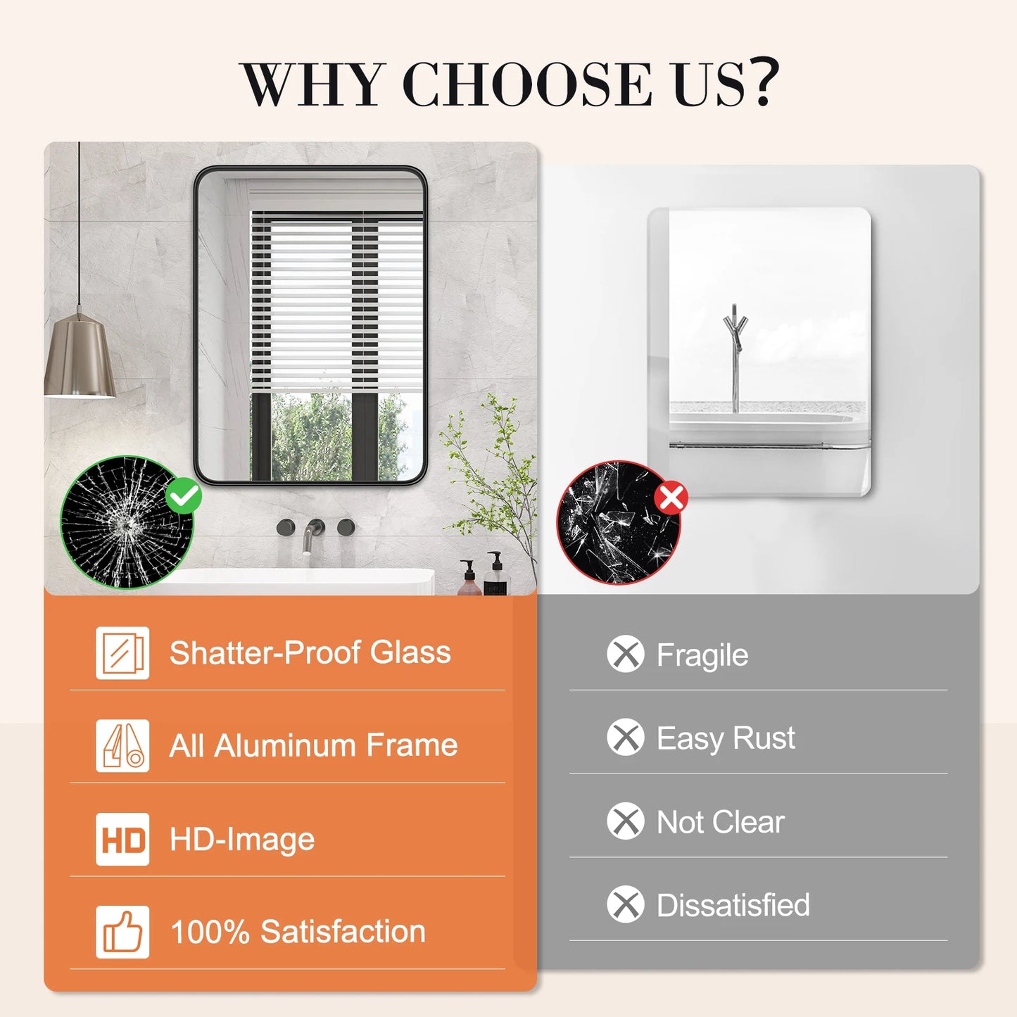 Matte Metal Framed Mirror for Wall  Rectangle Rounded Corner Tempered Glass