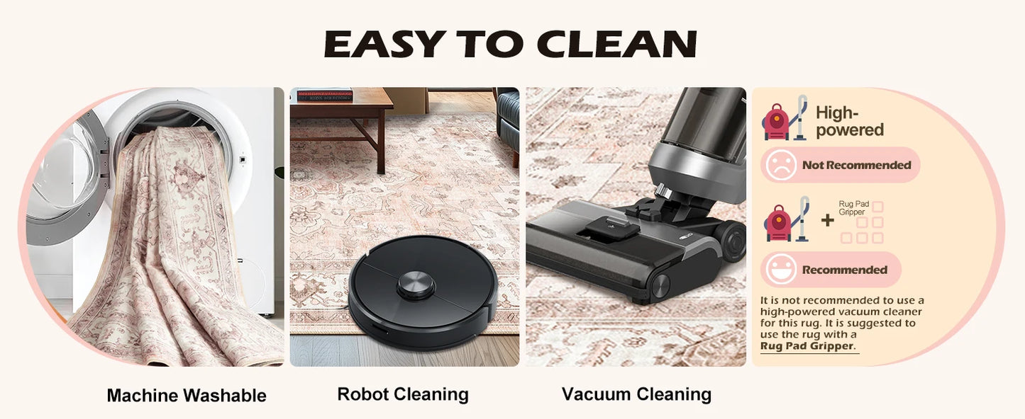 Machine Washable Area Rugs for Living Room Carpet Non Slip Low Pile Water Repellent Soft Print Pattern