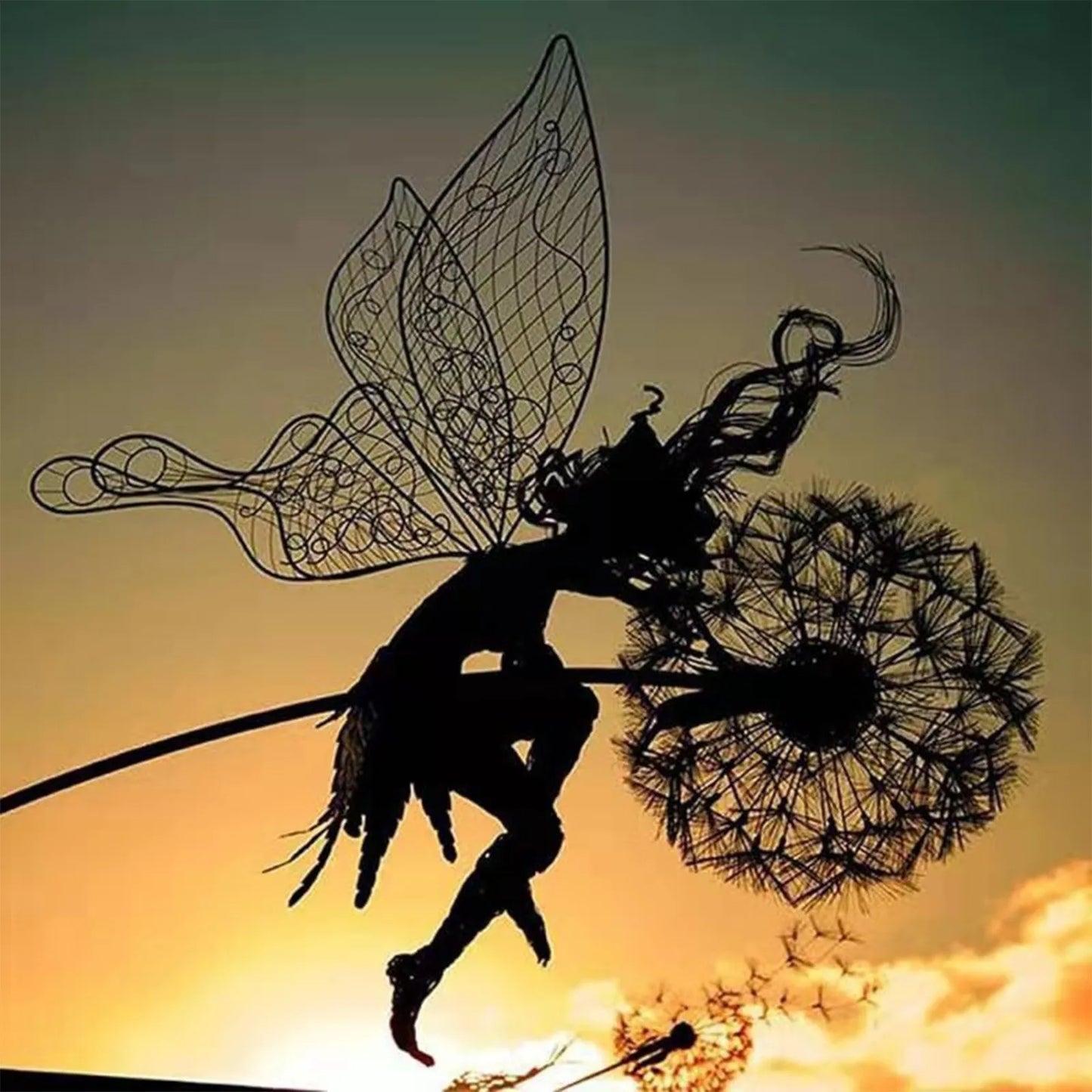 Dancing Fairy Statue Steel Wires Elf Dandelion Sculpture Mythical Garden Figurine Yard Decor