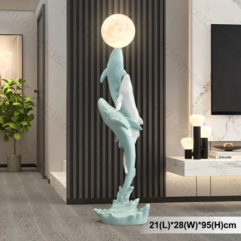 Luxury Whale Floor Lamp Sculpture with Moon Night Light Large Resin Home Decor Large Decorative Statue for  Art Decor