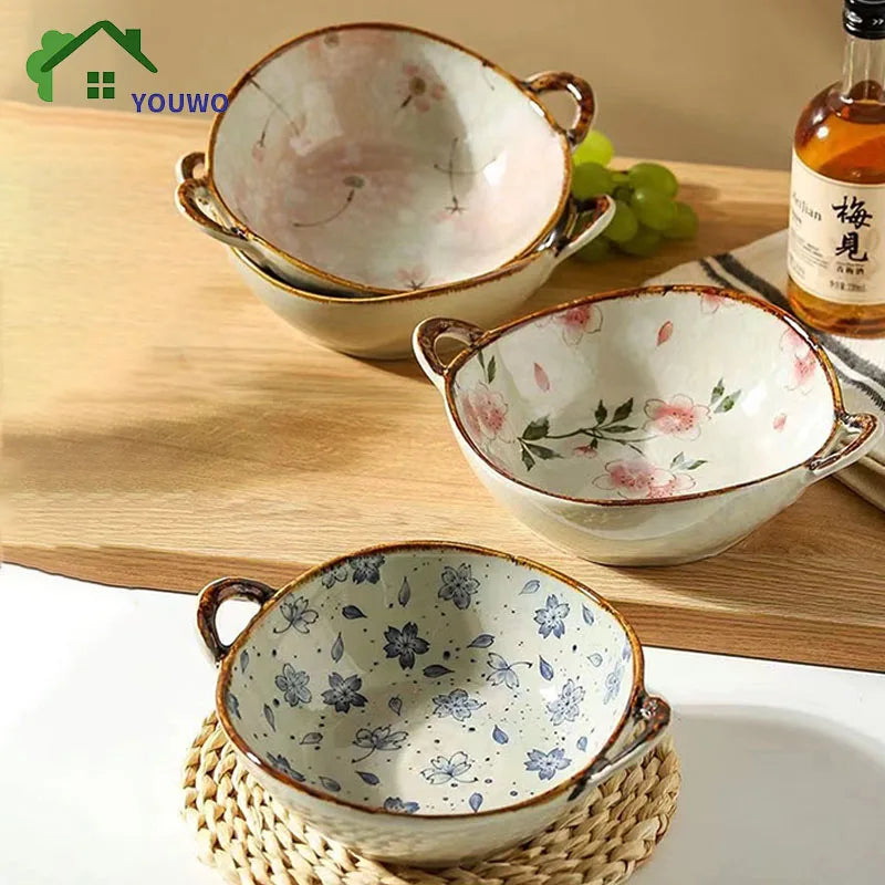 700ml Ceramic Salad Bowl With Handle Kitchen Soup Noodle Bowl Fruit Plate Japanese Tableware Microwave Oven Bowl