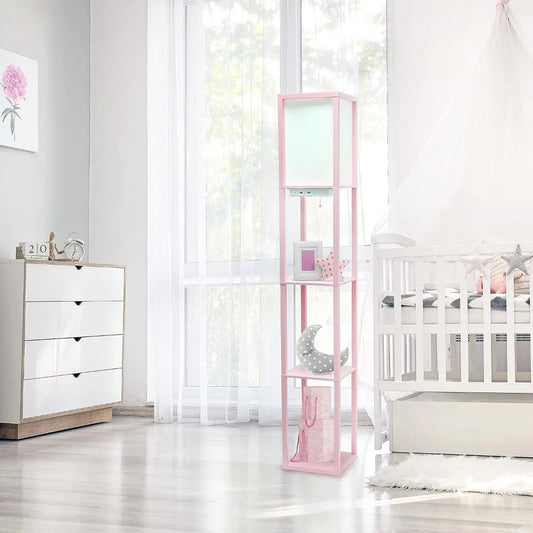 Floor Lamp  Organizer Storage Shelf with 2 USB Charging Ports, 1 Charging Outlet and Linen Shade