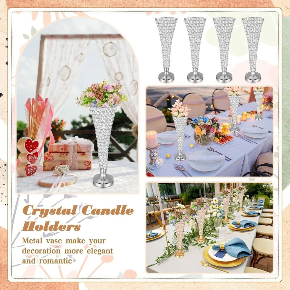 4 pieces of crystal trumpet vases, 20-inch-high forged iron crysta flower rack, decorated for gatherings and parties