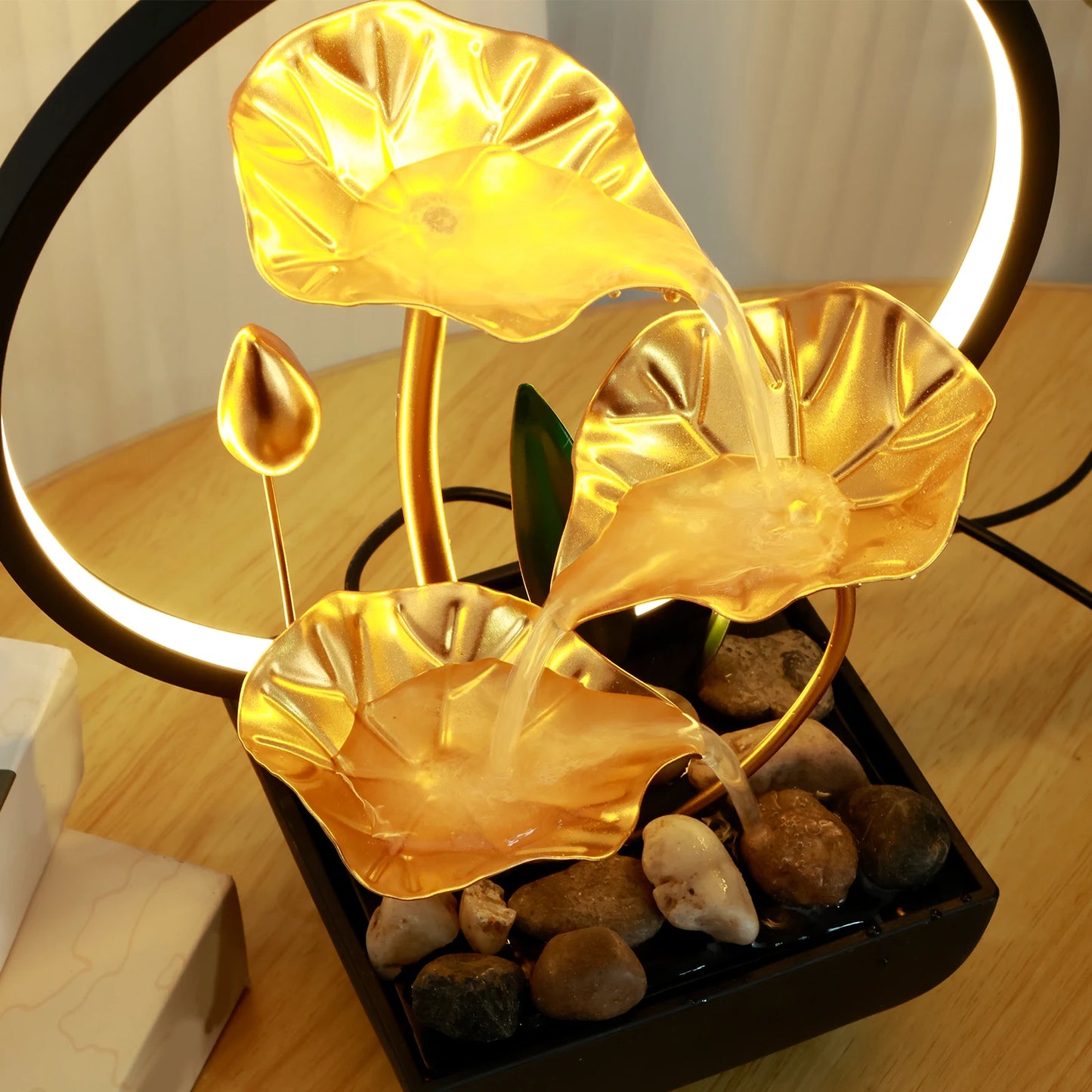 Water Fountain USB Powered Relaxation Desktop Waterfall With Natural Rocks And LED Ring Lights