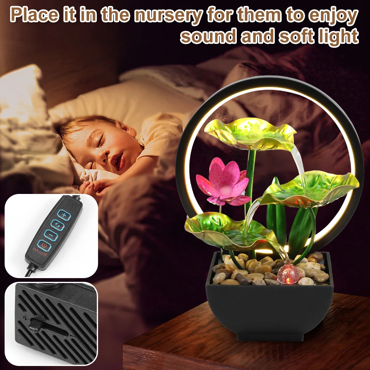 Water Fountain USB Powered Relaxation Desktop Waterfall With Natural Rocks And LED Ring Lights