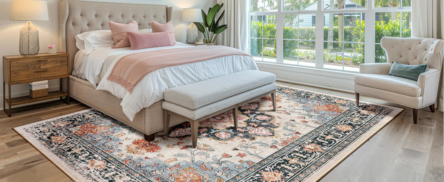 Machine Washable Area Rugs for Living Room Carpet Non Slip Low Pile Water Repellent Soft Print Pattern