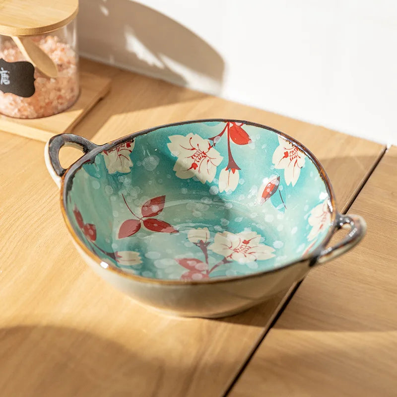 700ml Ceramic Salad Bowl With Handle Kitchen Soup Noodle Bowl Fruit Plate Japanese Tableware Microwave Oven Bowl