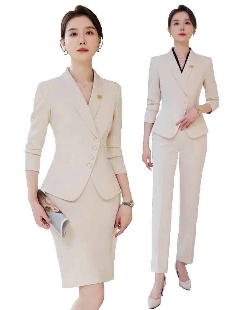 Business Women's Suit Pants Two-piece Set New Spring Autumn Long Sleeve Heart Button Jacket Slim Trousers Skirts