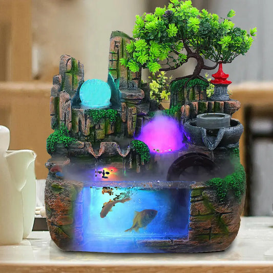Fountain Waterfall with Rockery Indoor Relaxation with Light Bird & Fisherman for Home
