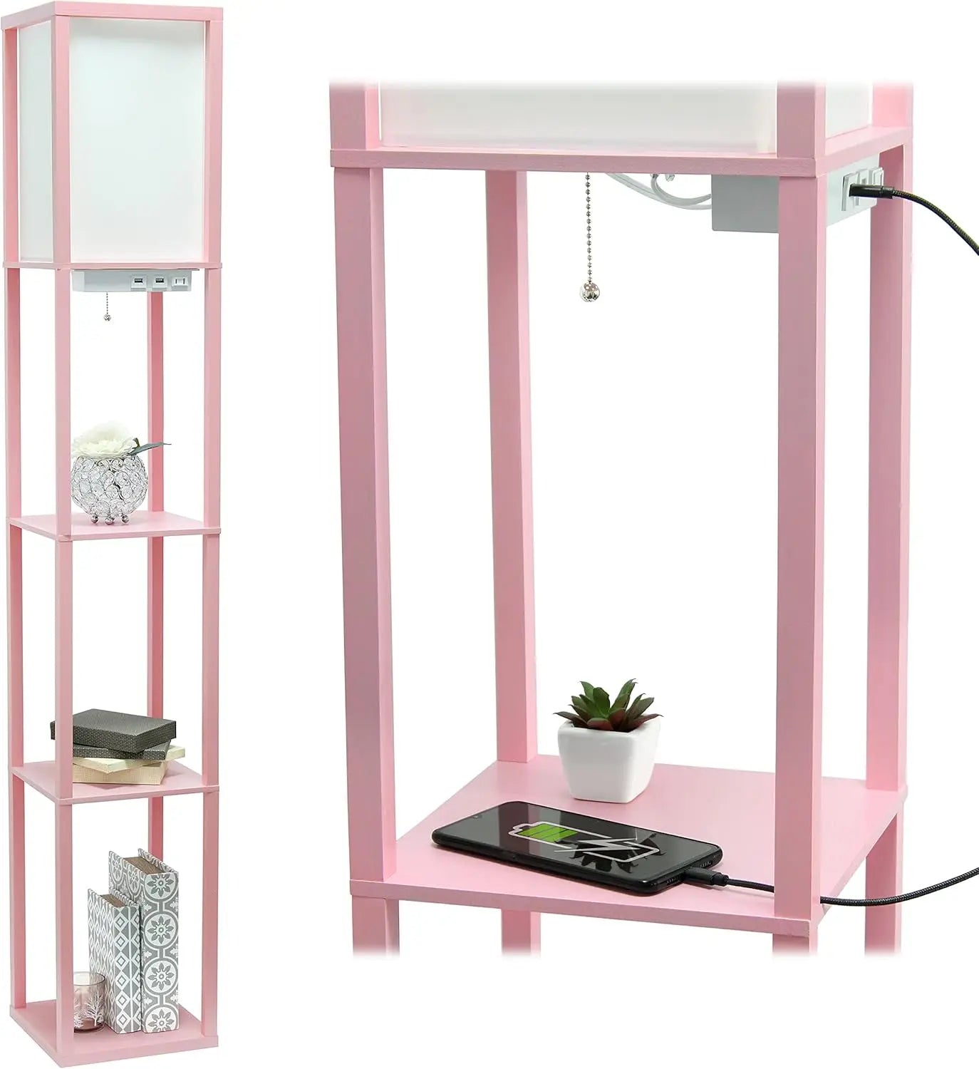 Floor Lamp  Organizer Storage Shelf with 2 USB Charging Ports, 1 Charging Outlet and Linen Shade