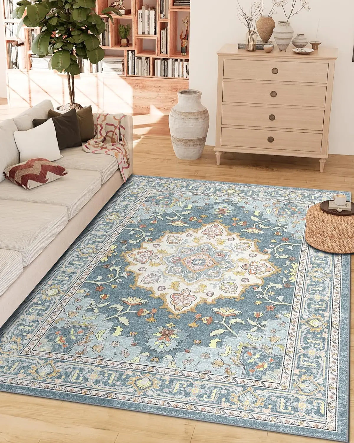 Machine Washable Area Rugs for Living Room Carpet Non Slip Low Pile Water Repellent Soft Print Pattern