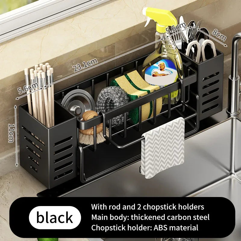 Stainless Steel Kitchen Sink Storage Rack Space Saving Built-in Sponge Rack and Drainage Basket for Kitchen