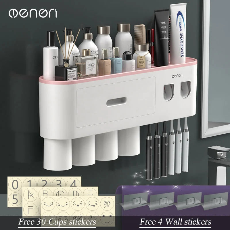 Magnetic Inverted Toothbrush Holder Wall -Automatic Toothpaste Squeezer Storage Rack