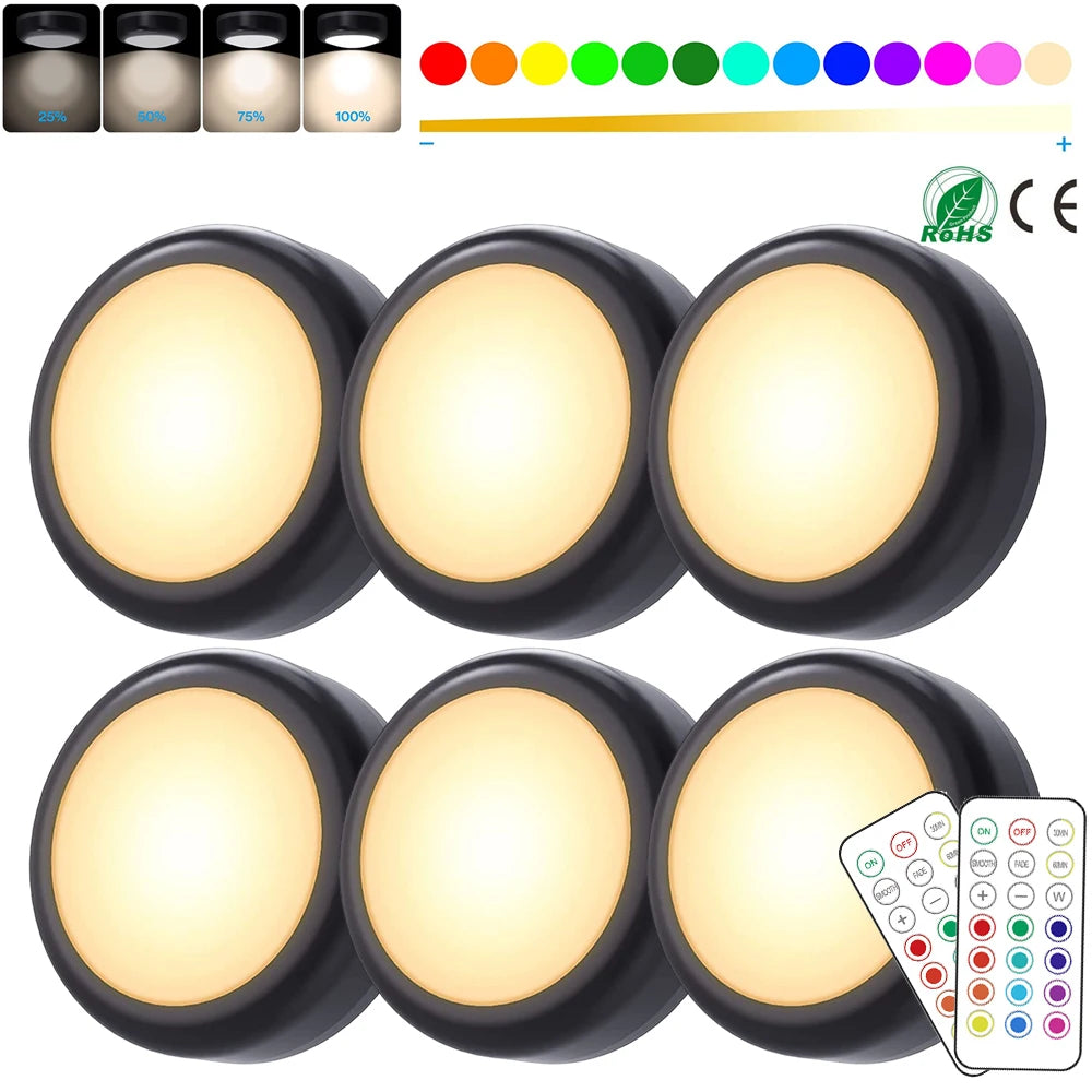 6Pcs RGBW LED Night Lights Remote Control Dimmable Under Cabinet Light Battery-Operated Wireless