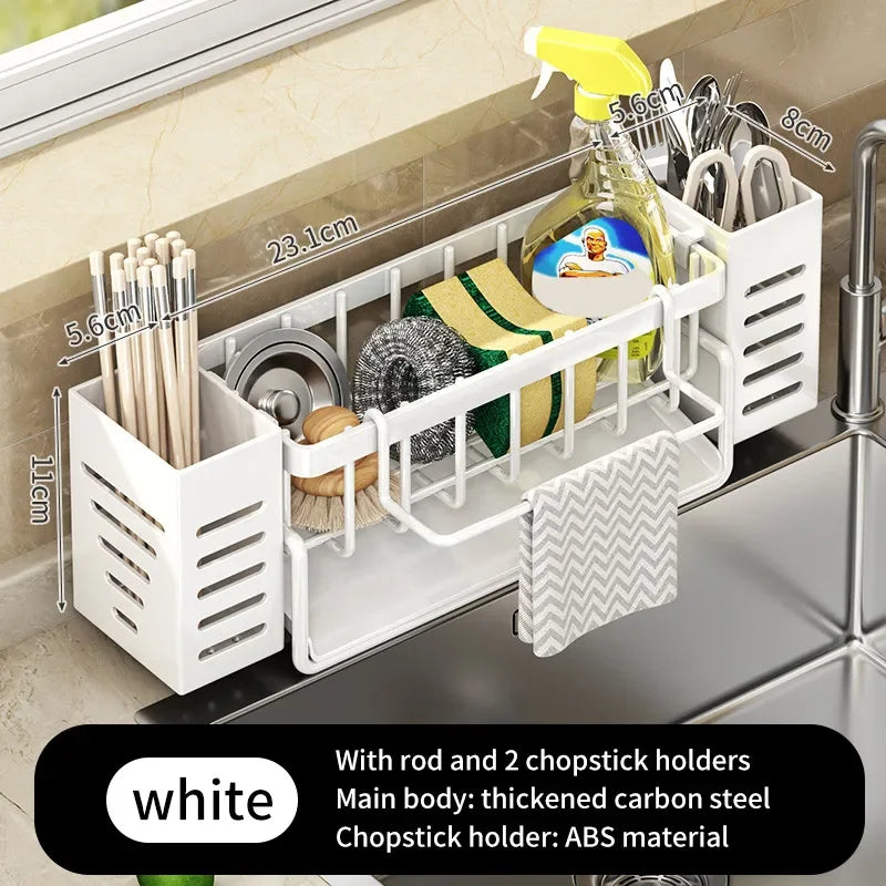 Stainless Steel Kitchen Sink Storage Rack Space Saving Built-in Sponge Rack and Drainage Basket for Kitchen
