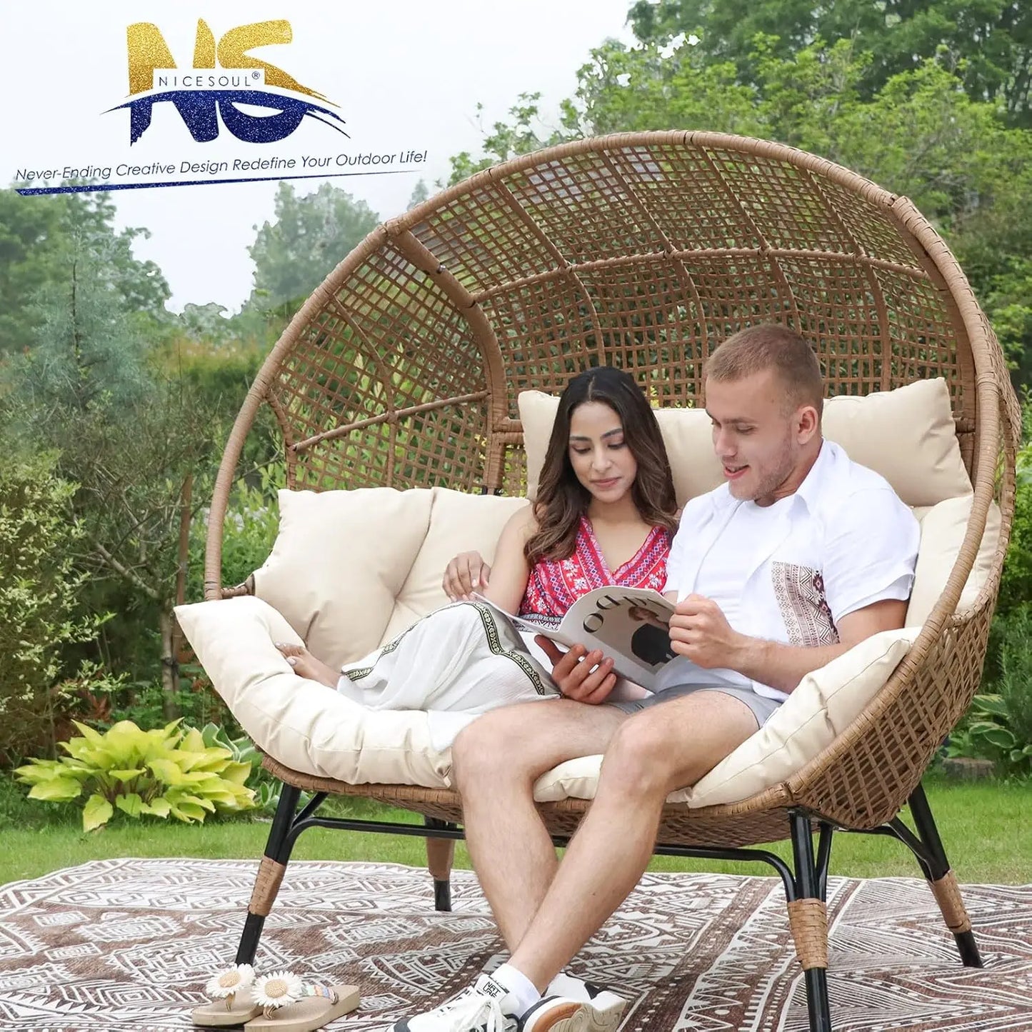 Double Egg Chair Indoor Outdoor Stationary Oversized Thicken Padded Cushions 2 Person Loveseat Chair