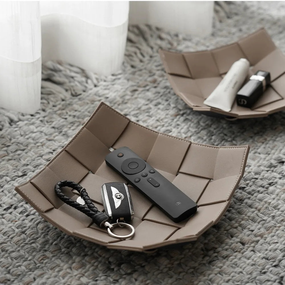 Leather Storage Tray Home Living Room Desktop Woven Storage Tray  Decorative  Jewelry Dish