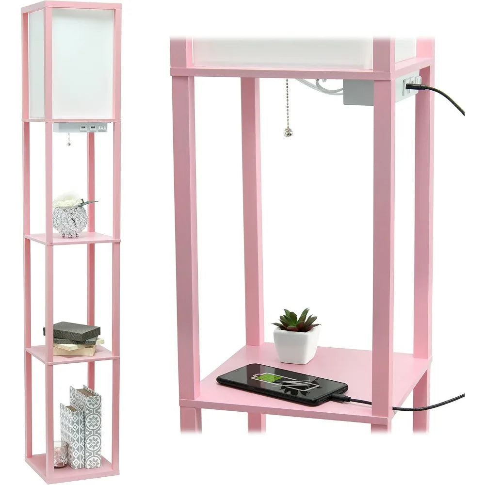 Floor Lamp  Organizer Storage Shelf with 2 USB Charging Ports, 1 Charging Outlet and Linen Shade