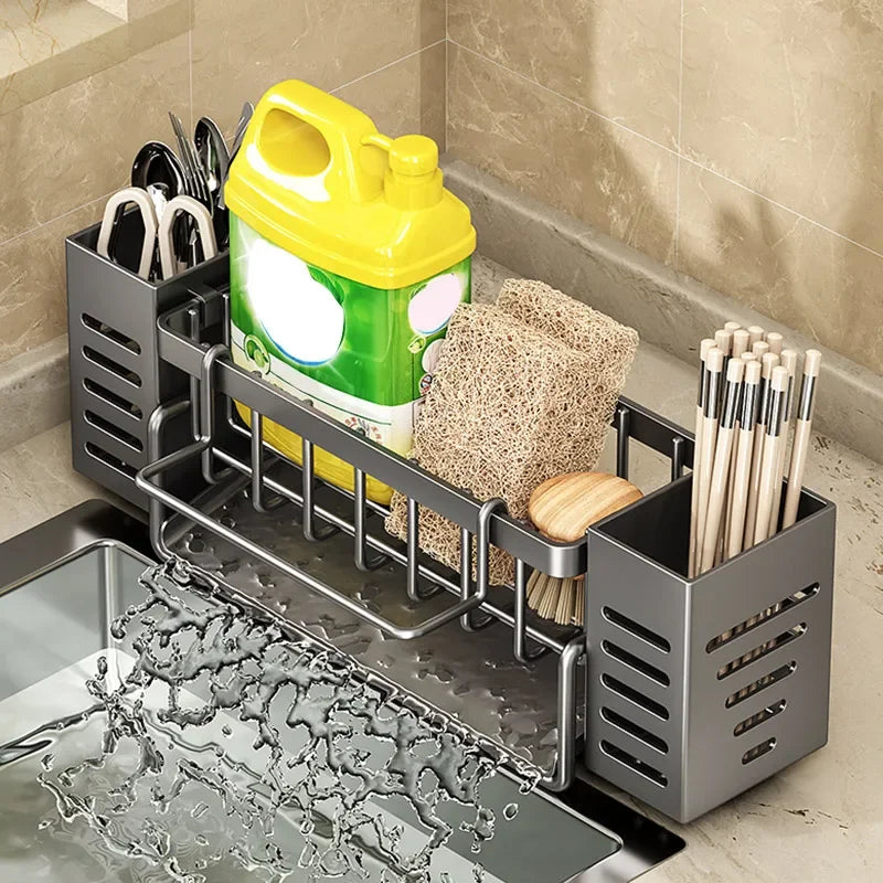 Stainless Steel Kitchen Sink Storage Rack Space Saving Built-in Sponge Rack and Drainage Basket for Kitchen