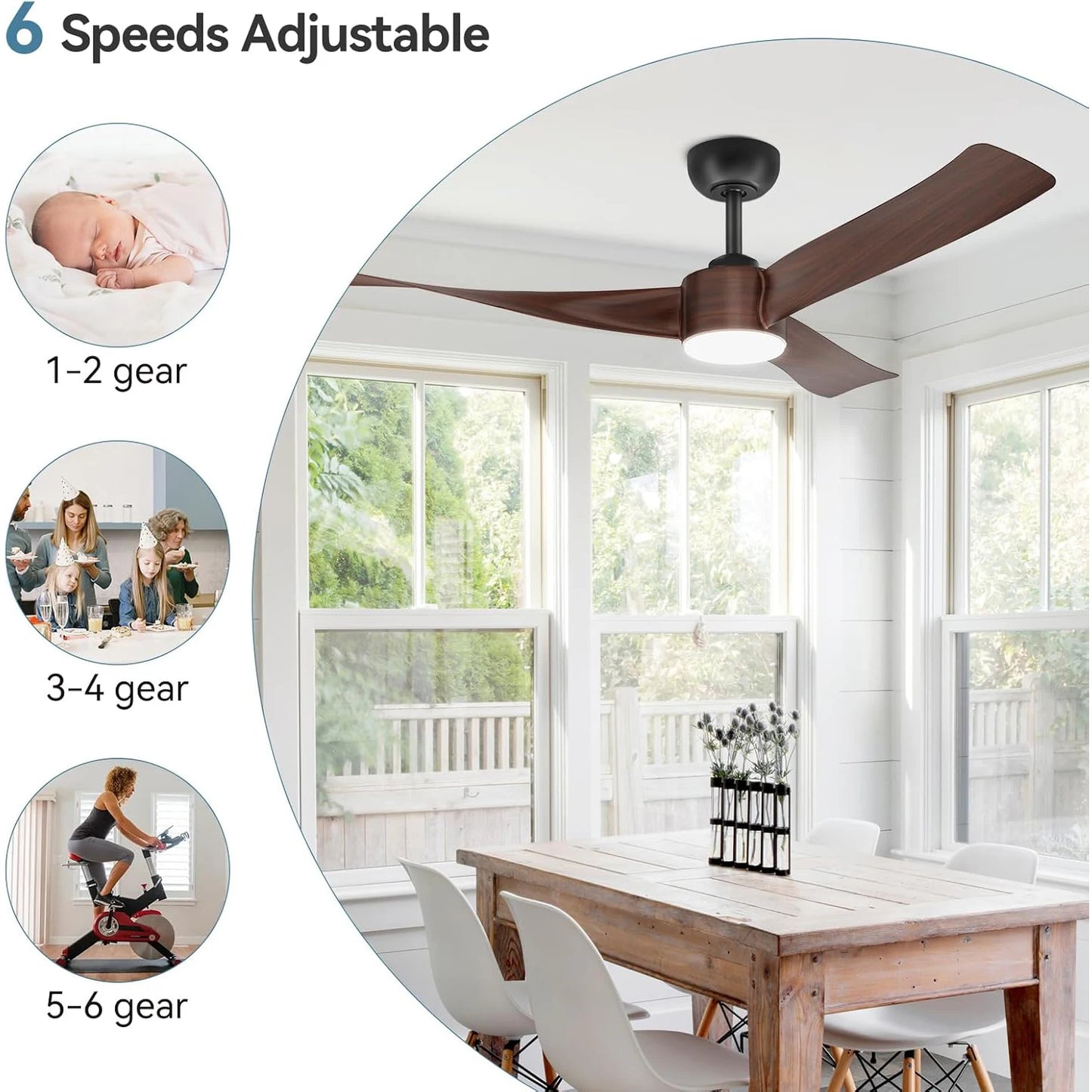 52 Inch Ceiling Fan with Light and Remote Control 3CCT Dimmable 6 Speeds Reversible Noiseless Ceiling Fan