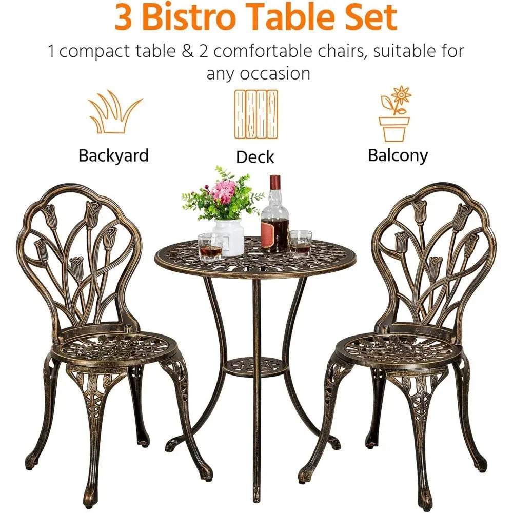 Patio Bistro Sets 3 Piece Outdoor Rust-Resistant Cast Aluminum Garden Table and Chairs