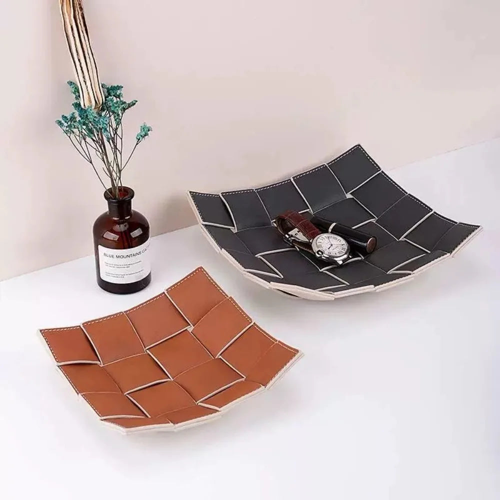 Leather Storage Tray Home Living Room Desktop Woven Storage Tray  Decorative  Jewelry Dish