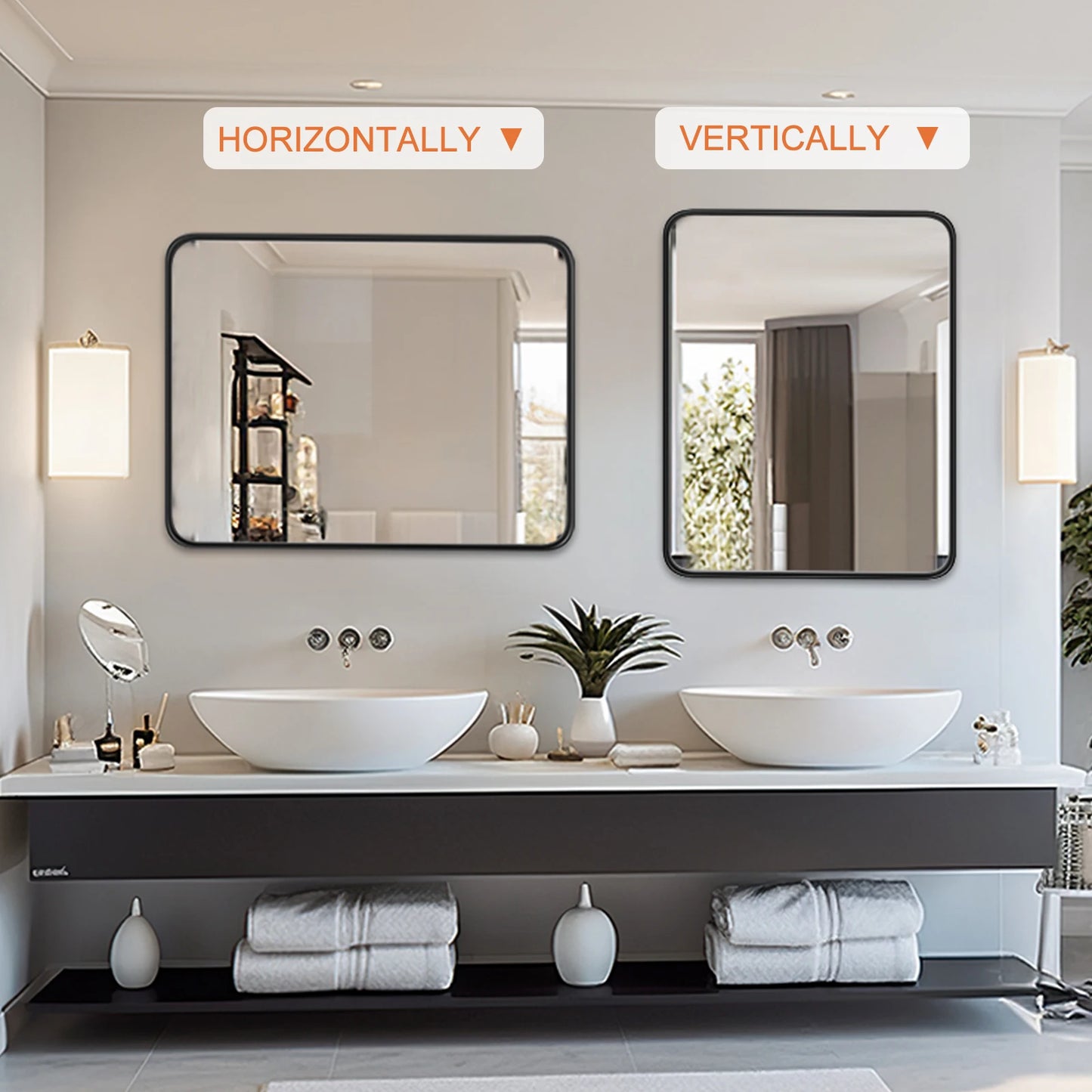 Matte Metal Framed Mirror for Wall  Rectangle Rounded Corner Tempered Glass