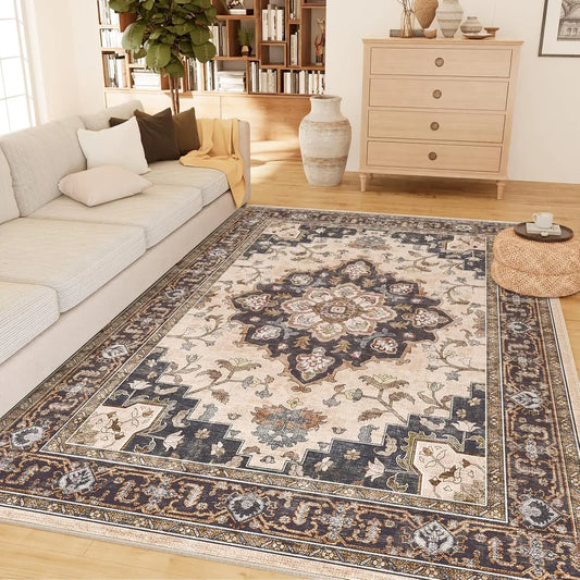 Machine Washable Area Rugs for Living Room Carpet Non Slip Low Pile Water Repellent Soft Print Pattern