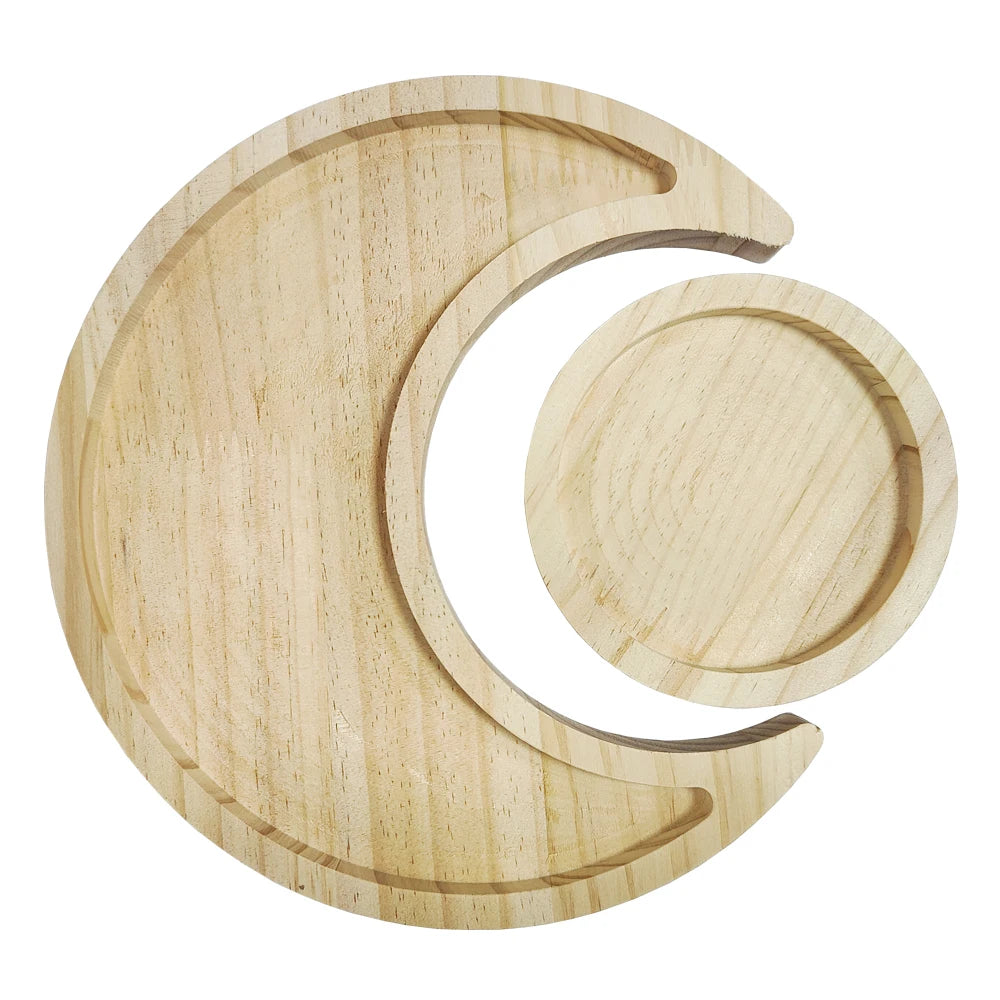 Wooden Crystal Holder Moon Tray with Round Dish Stones Crystals Jewelry Rings Organizer