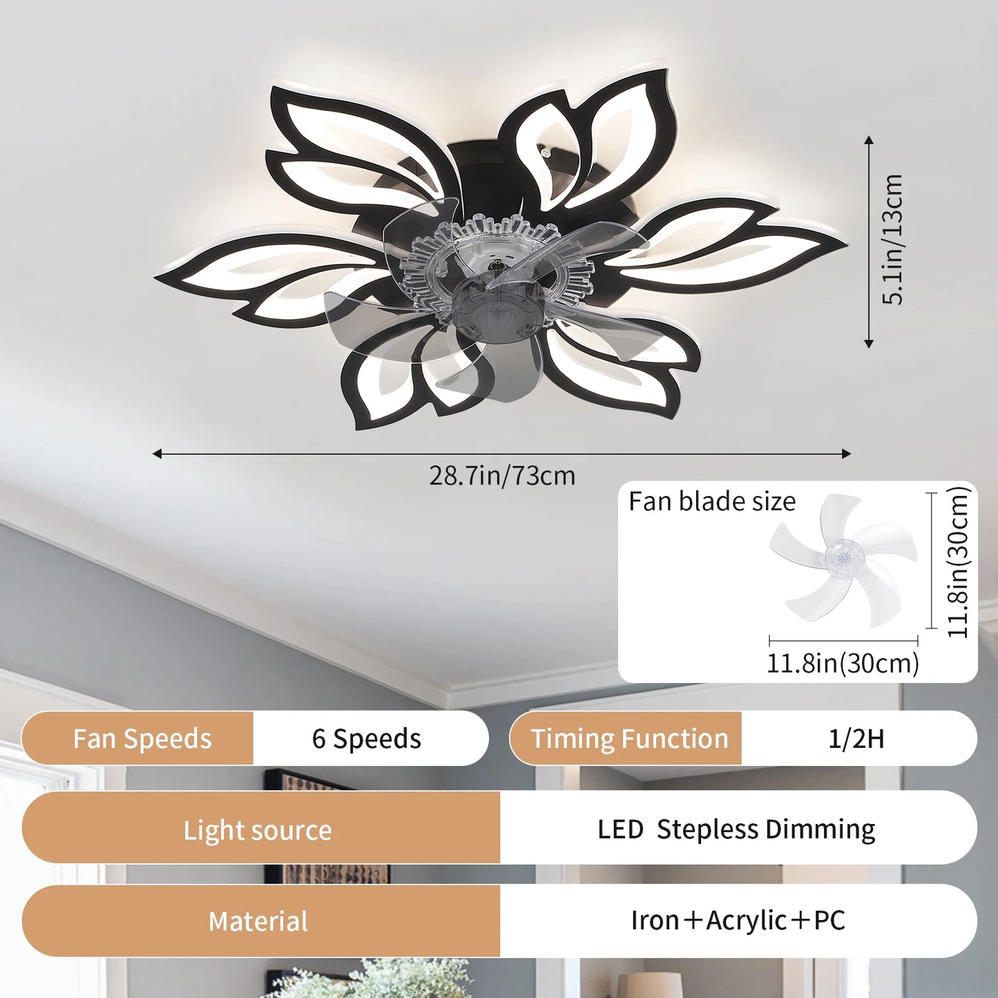Floral Ceiling Fan Light with Remote Control, 6-Speed Settings & Smart Timer – Elegant Cooling Décor for Living Room & Bedroom