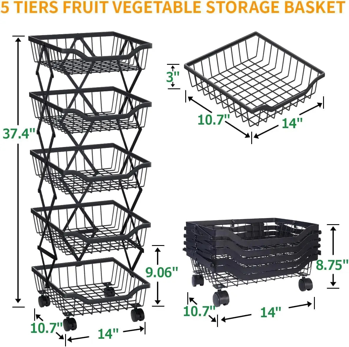 Vegetable Storage Basket 5 Tiers Stackable Metal Wire Fruit Basket Kitchen Cart with Wheels