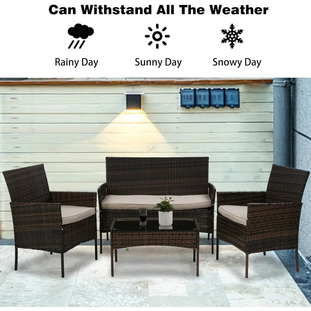 4 Pieces Patio Rattan Outside Furniture Wicker Sofa Garden Sets with Soft Cushion and Glass Table