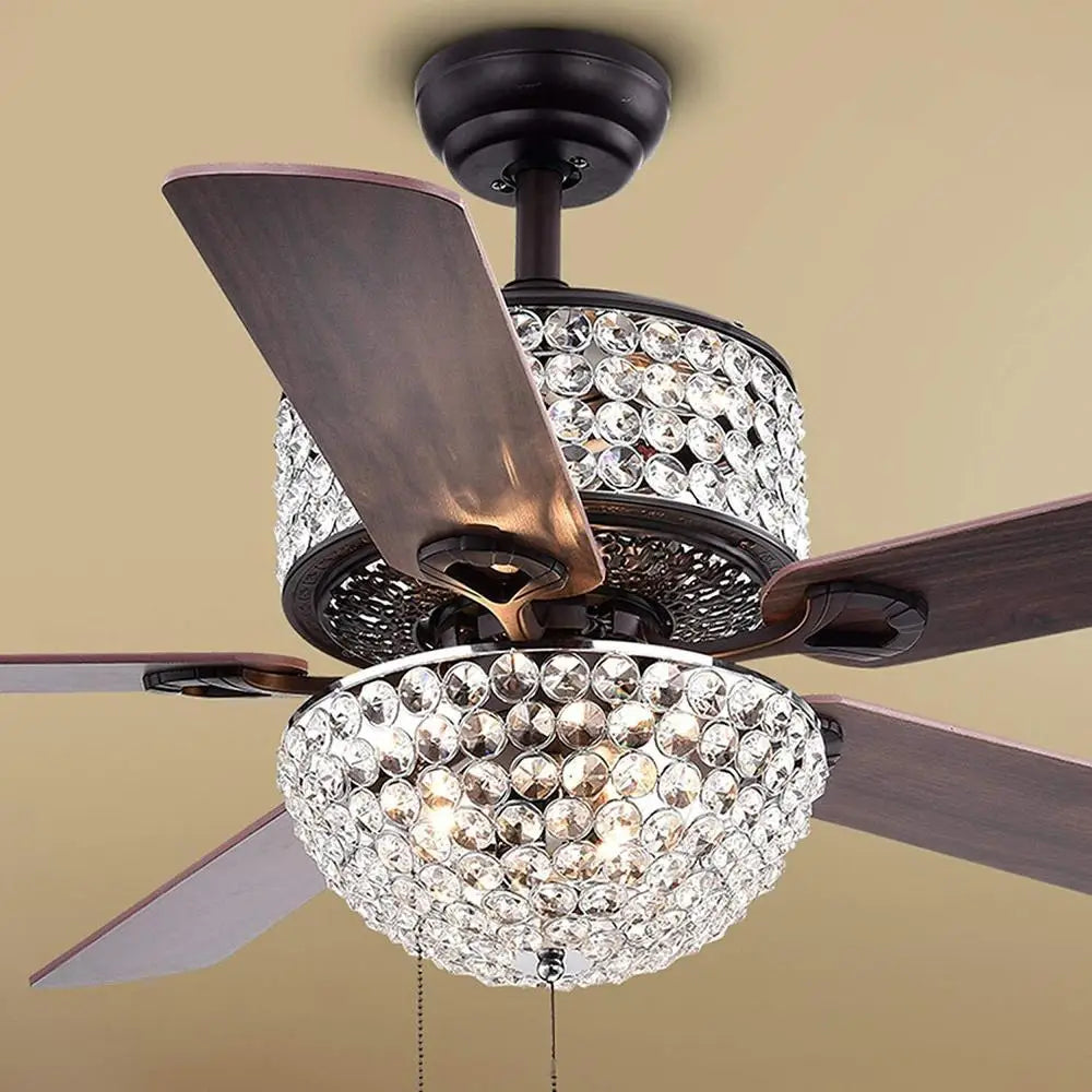 52 Inch Crystal Ceiling Fan Chandelier 6 Light Antique Bronze Remote Control 5 Blade Modern Home Indoor Lighting