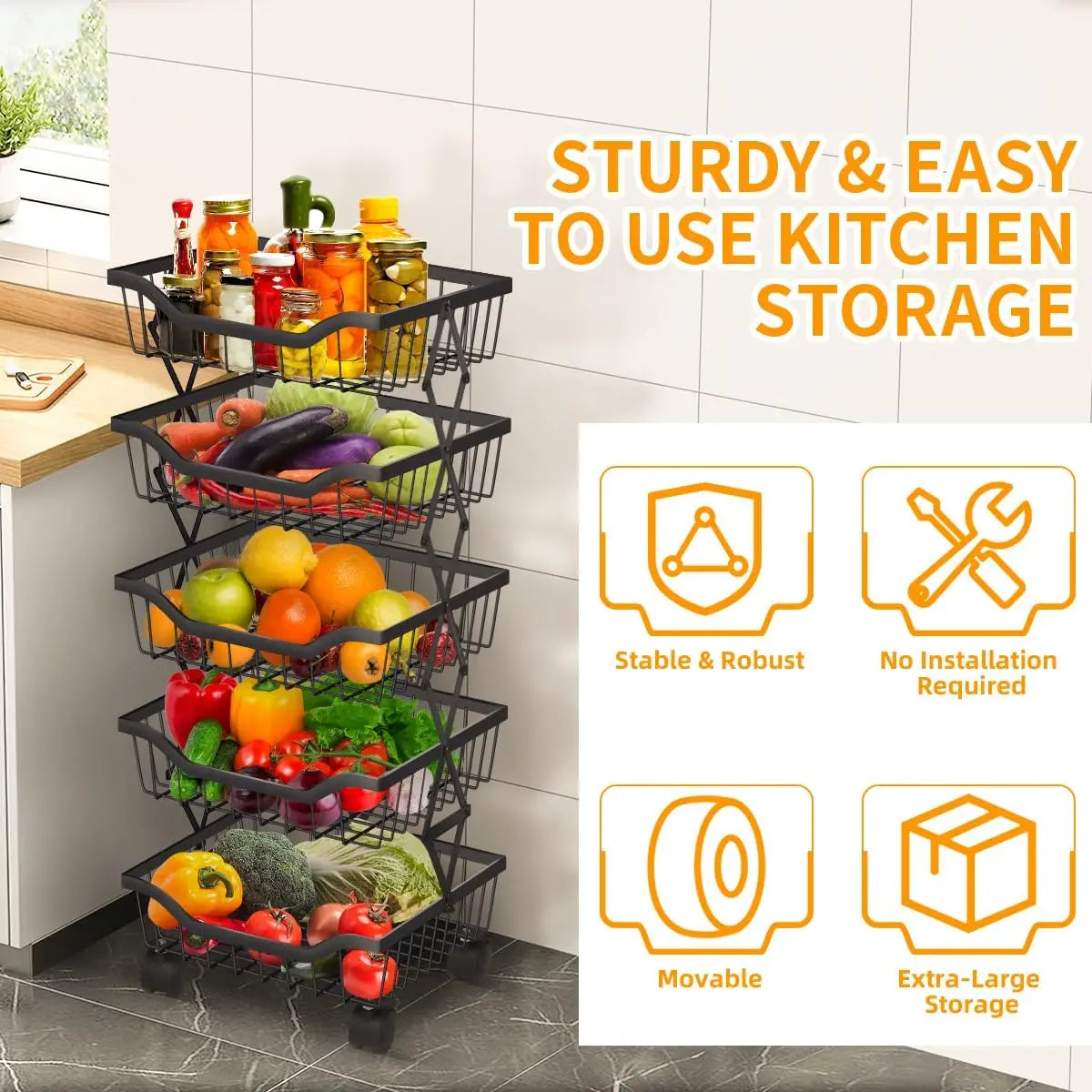 Vegetable Storage Basket 5 Tiers Stackable Metal Wire Fruit Basket Kitchen Cart with Wheels