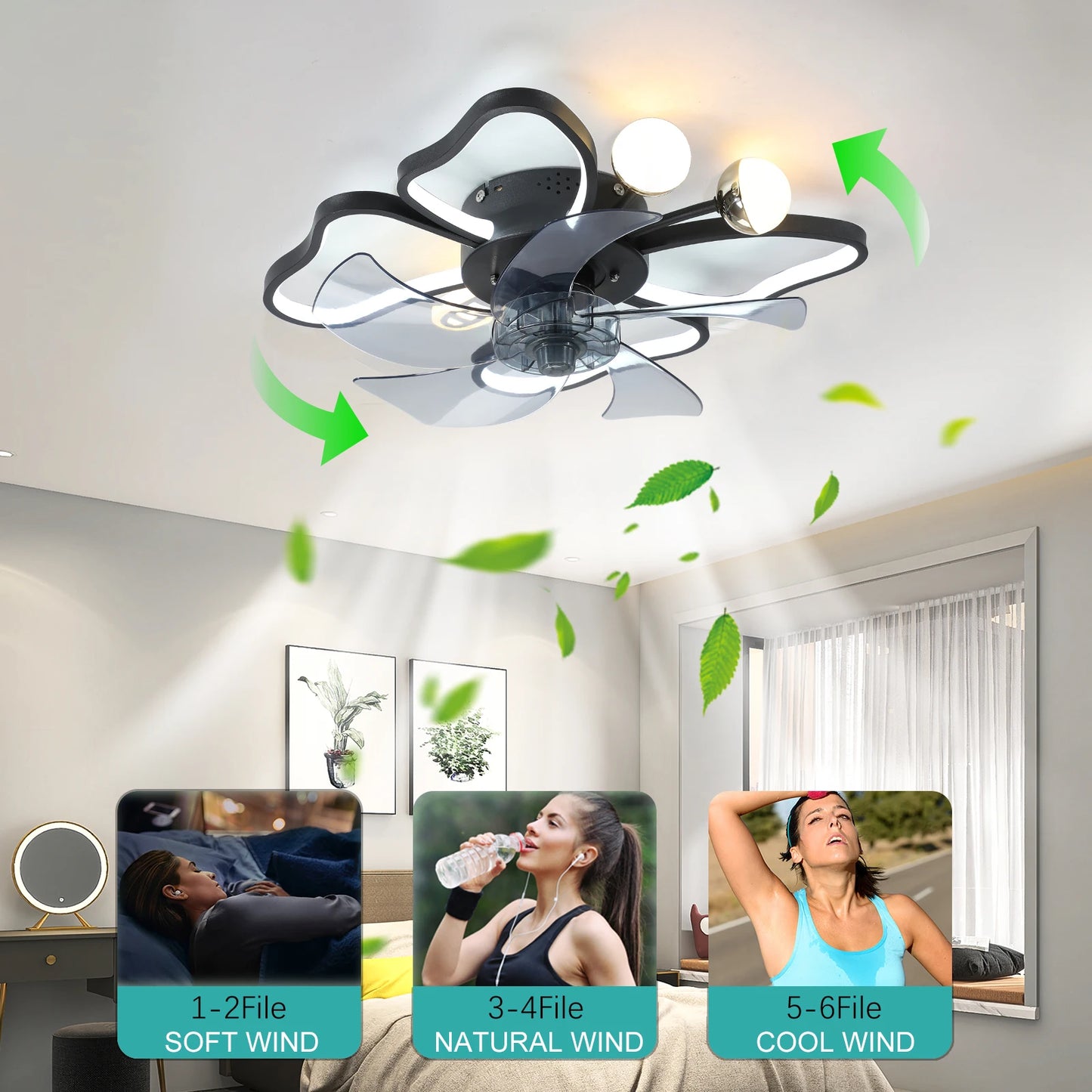 Modern Ceiling Fan with Lights Transparent Blade LED Adjustable Lamp,6-Speed Remote Control ,Stylish Low-Profile Design